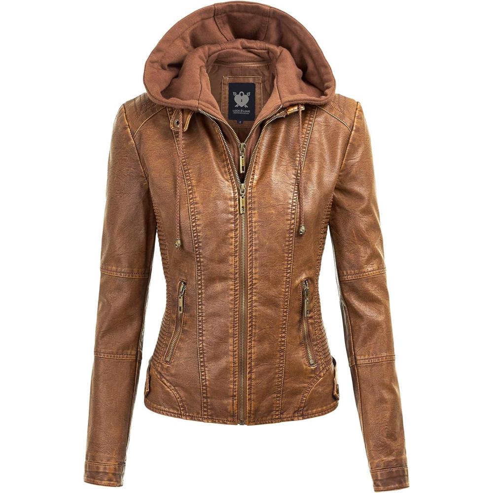 imageLock and Love Womens Faux Leather Moto Biker Jacket Coat with Removable or NonRemovable HoodWjc1044camel