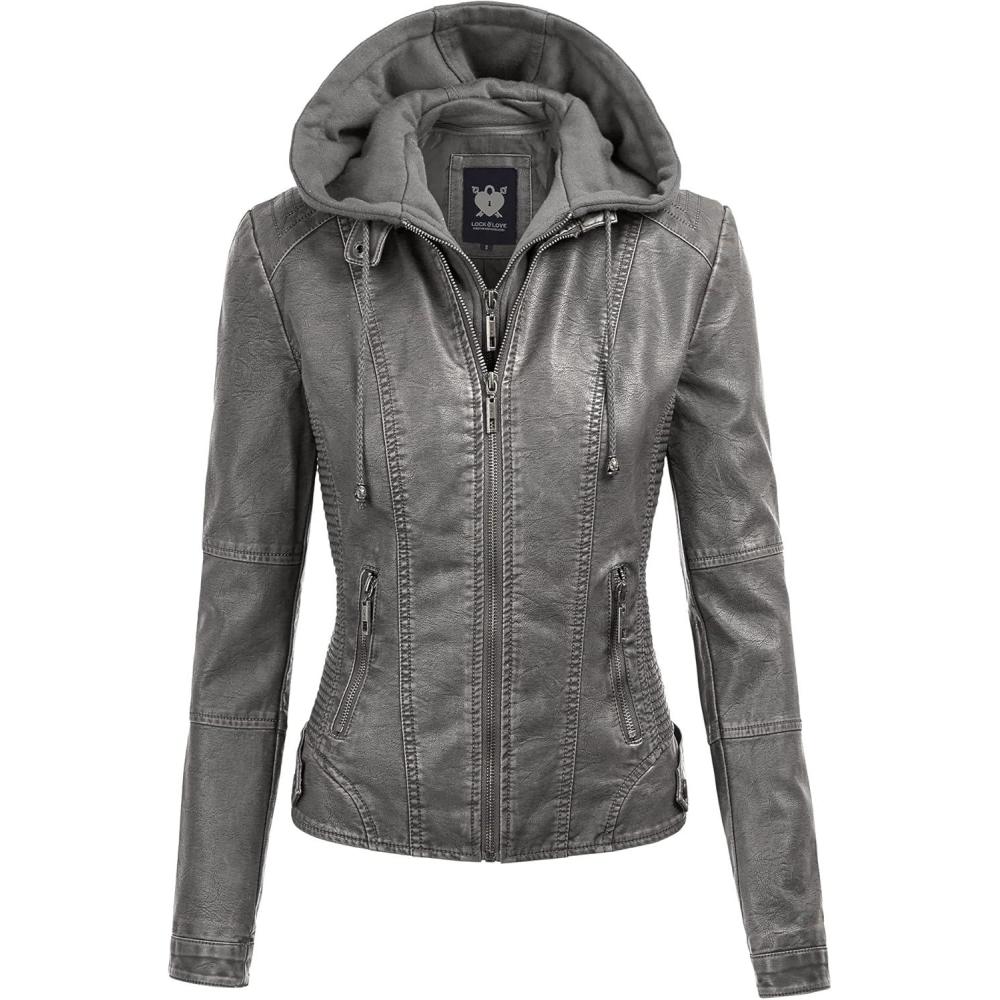 imageLock and Love Womens Faux Leather Moto Biker Jacket Coat with Removable or NonRemovable HoodWjc1044grey