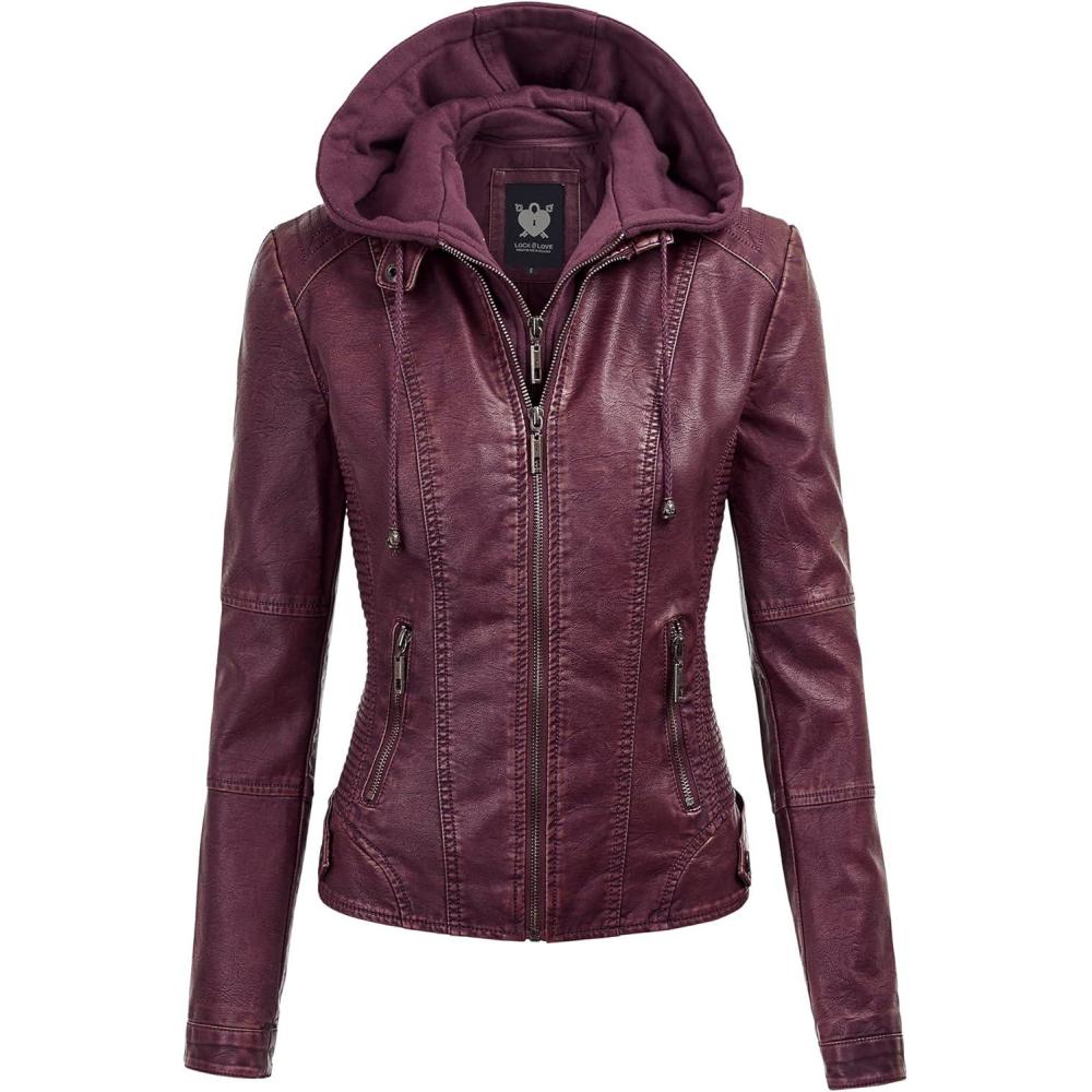 imageLock and Love Womens Faux Leather Moto Biker Jacket Coat with Removable or NonRemovable HoodWjc1044wine