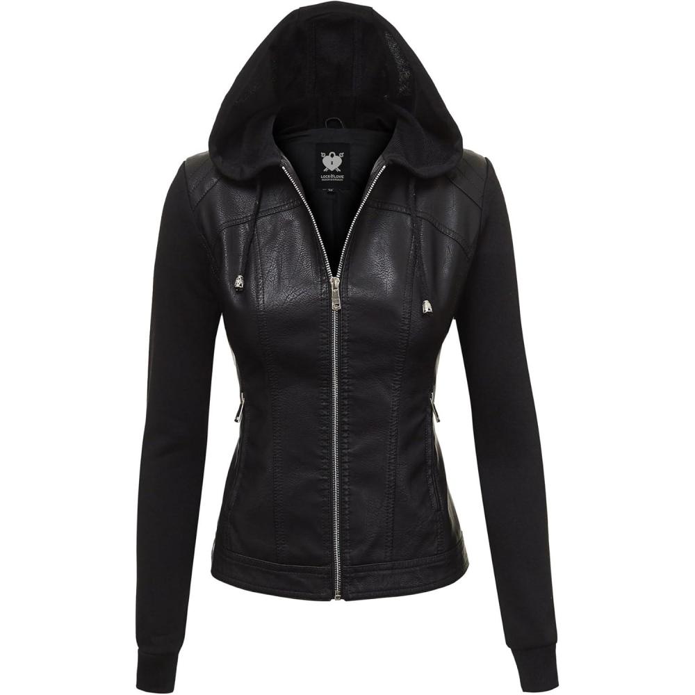 imageLock and Love Womens Faux Leather Moto Biker Jacket Coat with Removable or NonRemovable HoodWjc1347blackblack