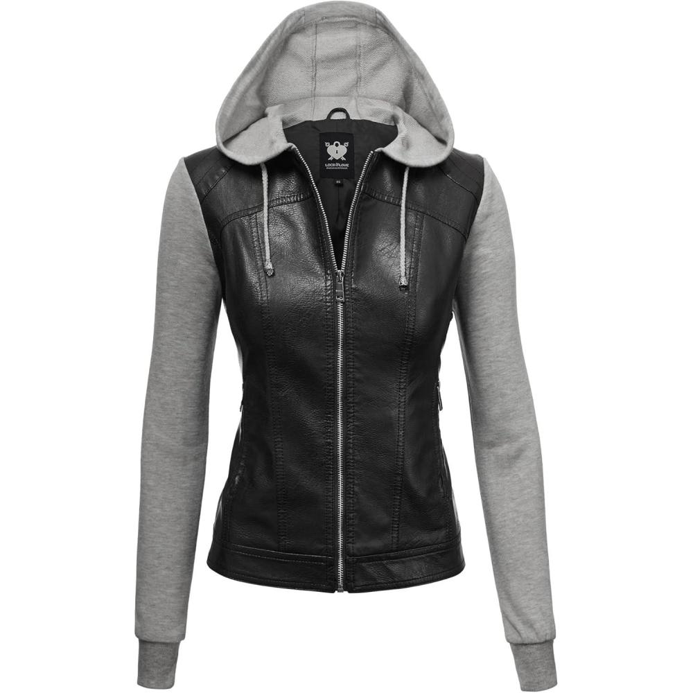 imageLock and Love Womens Faux Leather Moto Biker Jacket Coat with Removable or NonRemovable HoodWjc1347blackhgrey