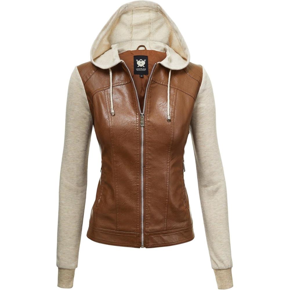 imageLock and Love Womens Faux Leather Moto Biker Jacket Coat with Removable or NonRemovable HoodWjc1347cameloatmeal