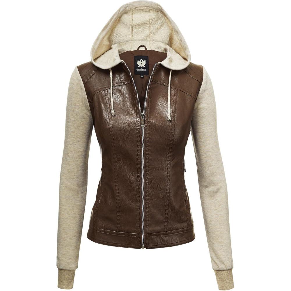 imageLock and Love Womens Faux Leather Moto Biker Jacket Coat with Removable or NonRemovable HoodWjc1347coffeeoatmeal