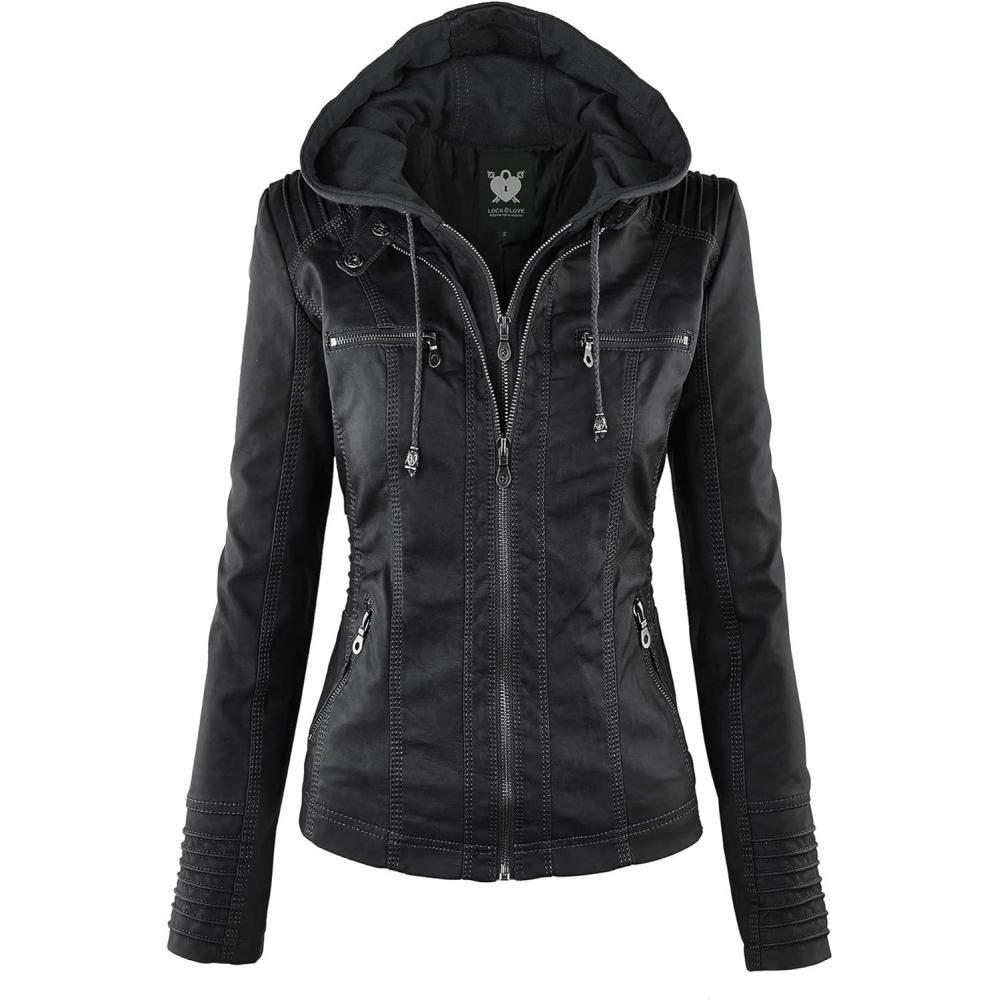 imageLock and Love Womens Faux Leather Moto Biker Jacket Coat with Removable or NonRemovable HoodWjc663black
