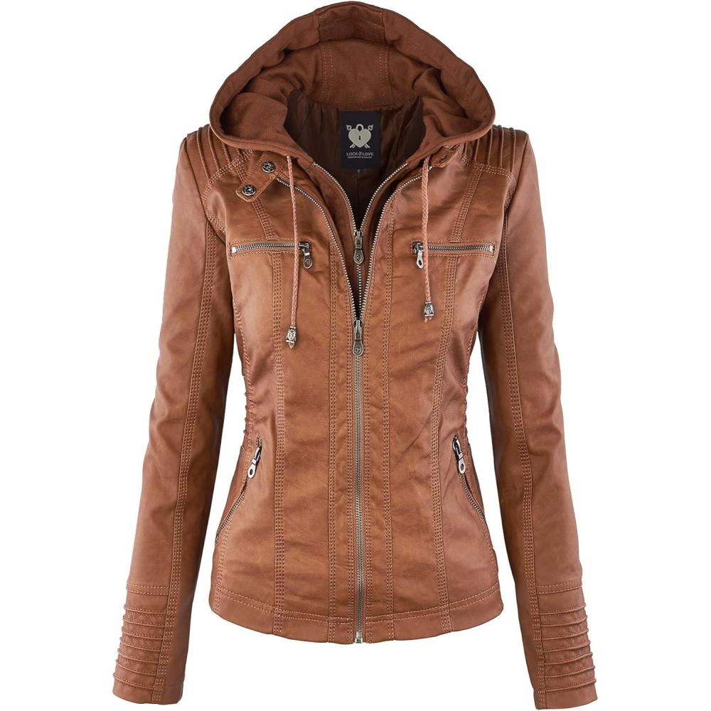 imageLock and Love Womens Faux Leather Moto Biker Jacket Coat with Removable or NonRemovable HoodWjc663camel