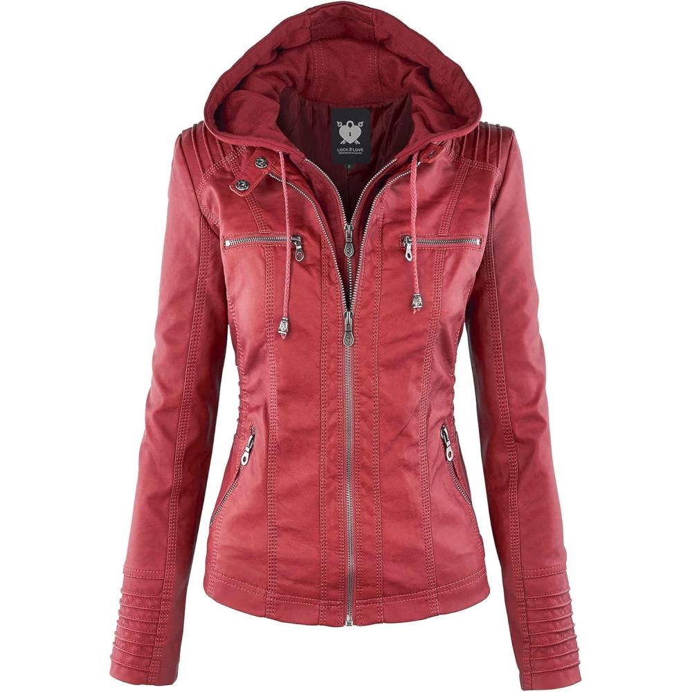 imageLock and Love Womens Faux Leather Moto Biker Jacket Coat with Removable or NonRemovable HoodWjc663red