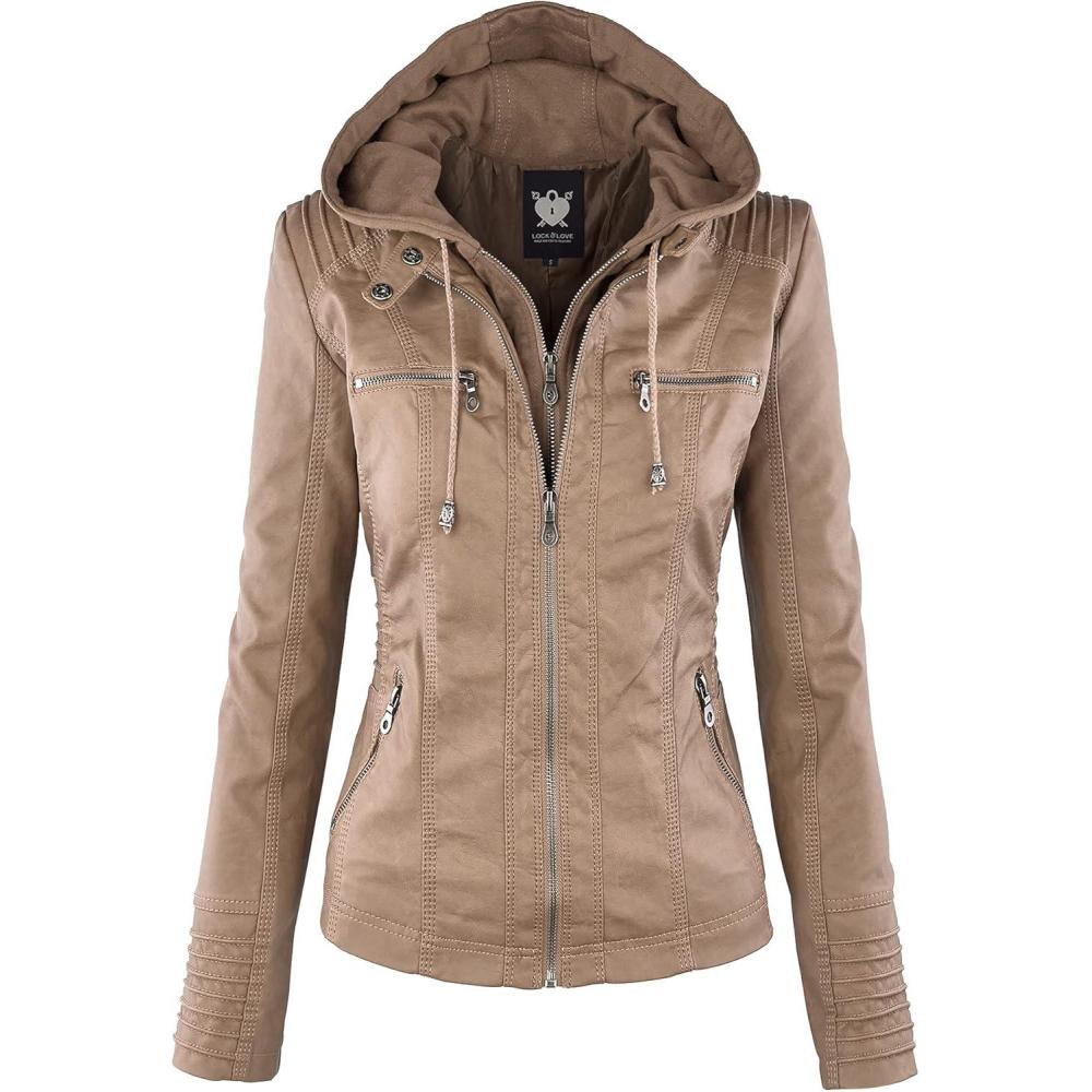 imageLock and Love Womens Faux Leather Moto Biker Jacket Coat with Removable or NonRemovable HoodWjc663taupe