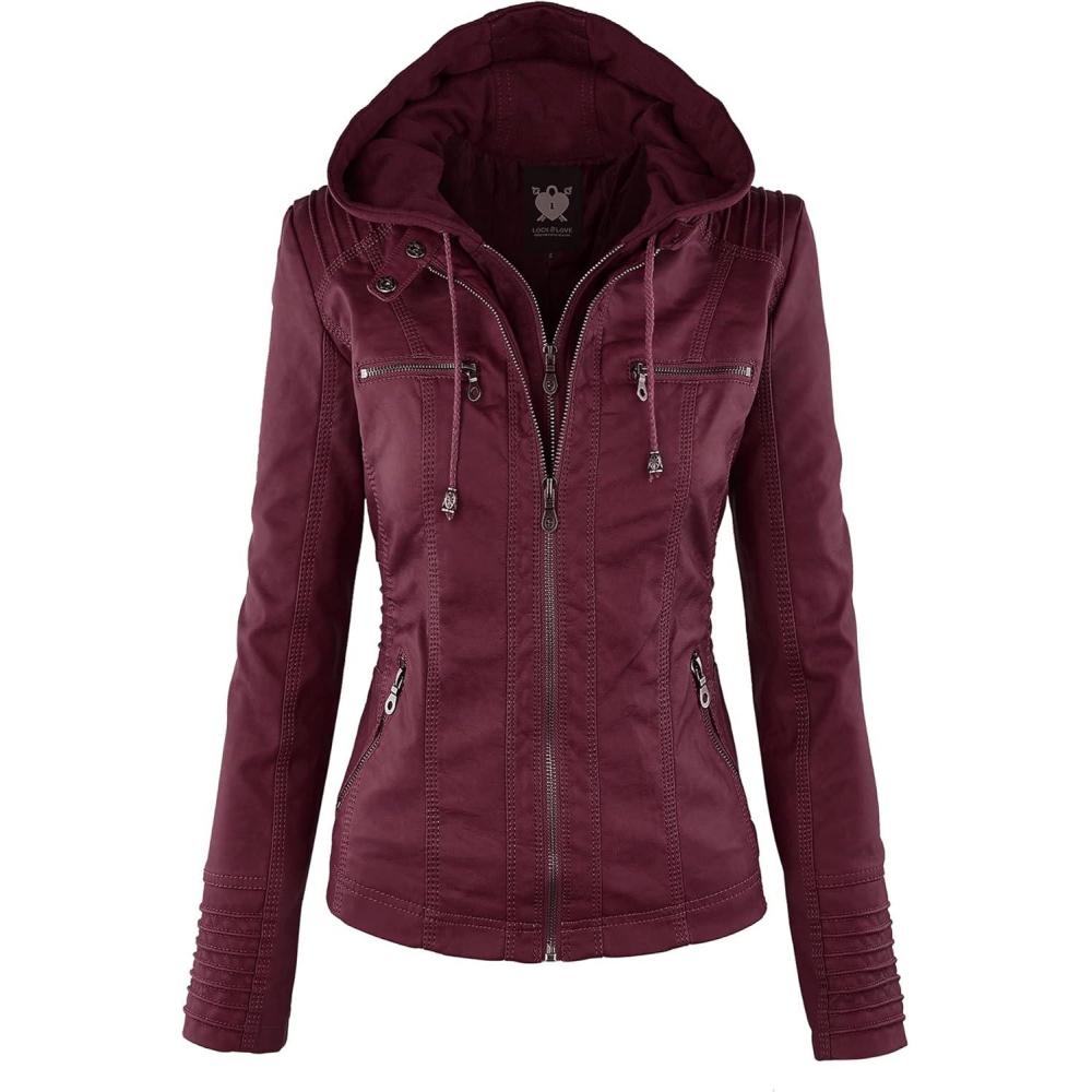 imageLock and Love Womens Faux Leather Moto Biker Jacket Coat with Removable or NonRemovable HoodWjc663wine