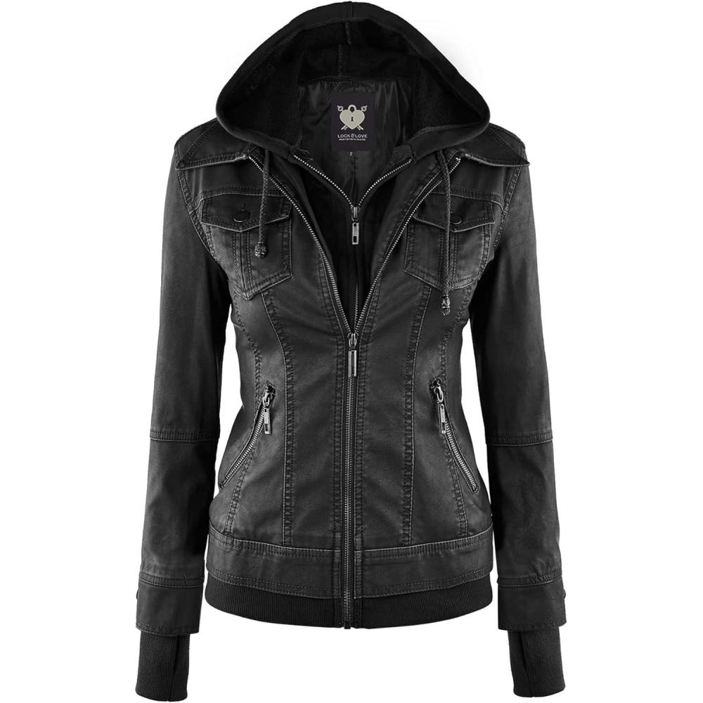 imageLock and Love Womens Faux Leather Moto Biker Jacket Coat with Removable or NonRemovable HoodWjc664blackCharcoal