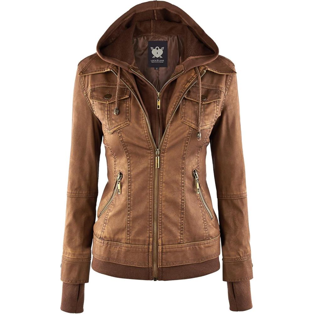 imageLock and Love Womens Faux Leather Moto Biker Jacket Coat with Removable or NonRemovable HoodWjc664camel