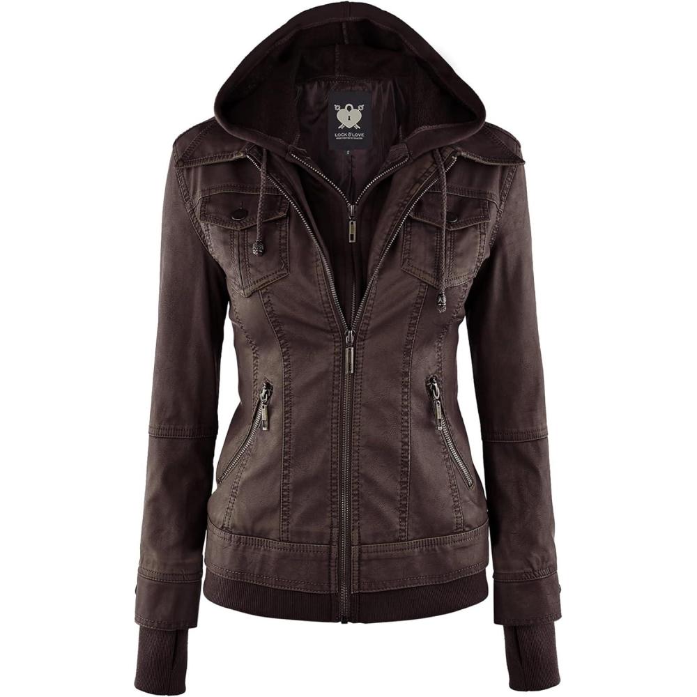 imageLock and Love Womens Faux Leather Moto Biker Jacket Coat with Removable or NonRemovable HoodWjc664coffeeAshbrown