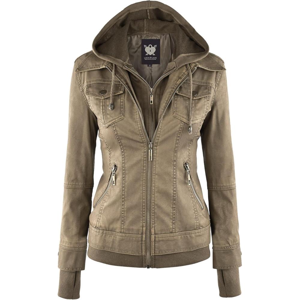 imageLock and Love Womens Faux Leather Moto Biker Jacket Coat with Removable or NonRemovable HoodWjc664khaki