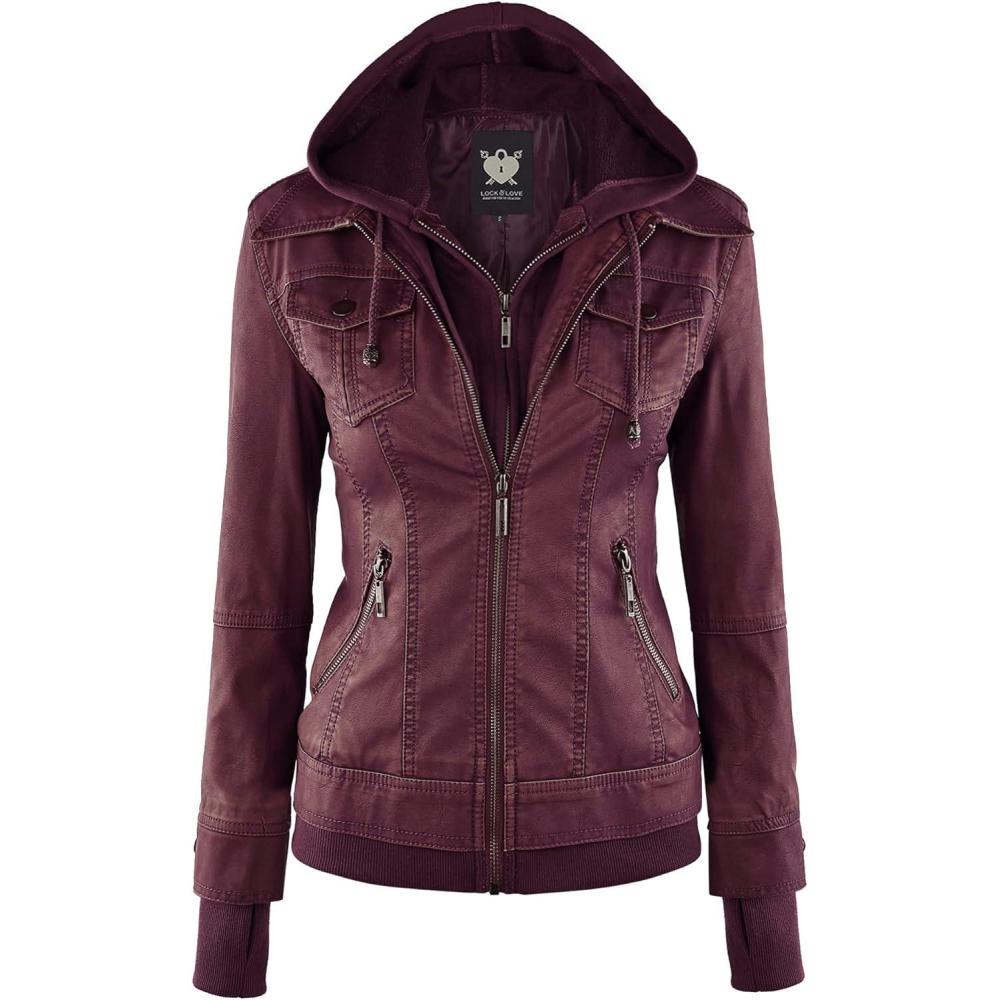 imageLock and Love Womens Faux Leather Moto Biker Jacket Coat with Removable or NonRemovable HoodWjc664wine
