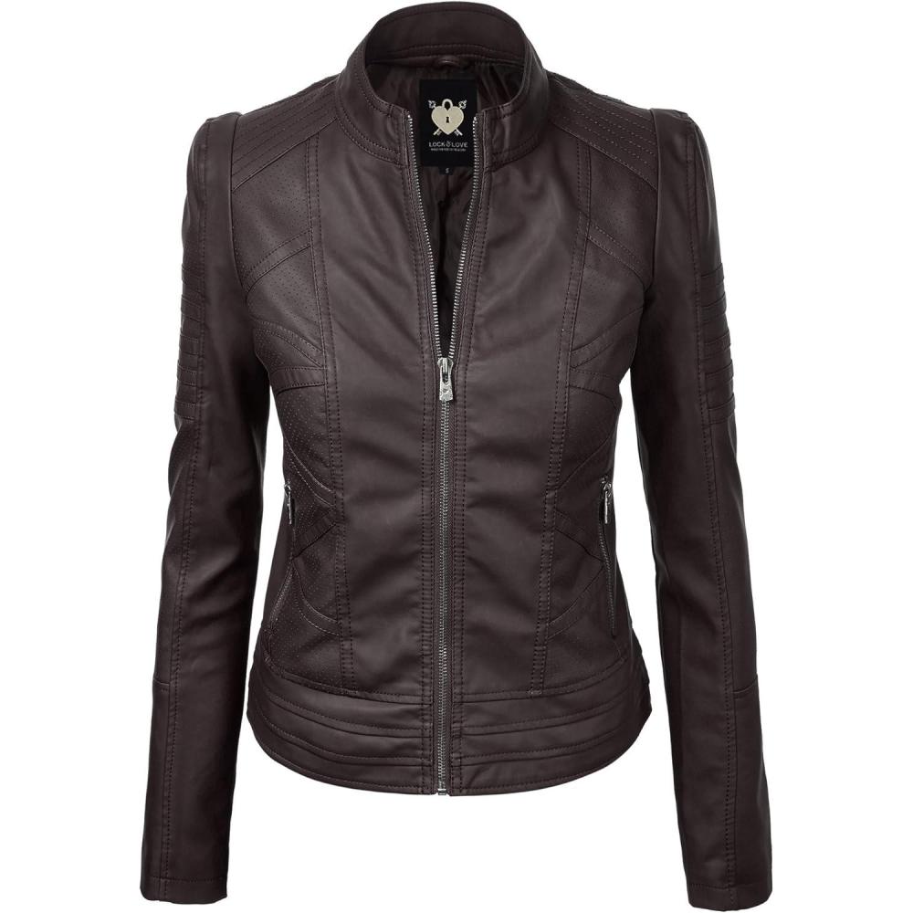 imageLock and Love Womens Faux Leather Moto Biker Jacket Coat with Removable or NonRemovable HoodWjc746acoffee