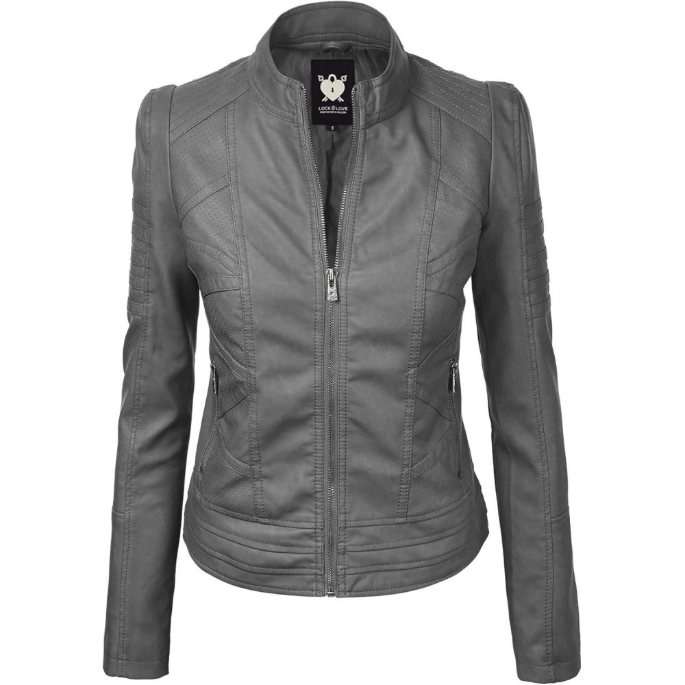 imageLock and Love Womens Faux Leather Moto Biker Jacket Coat with Removable or NonRemovable HoodWjc746agrey