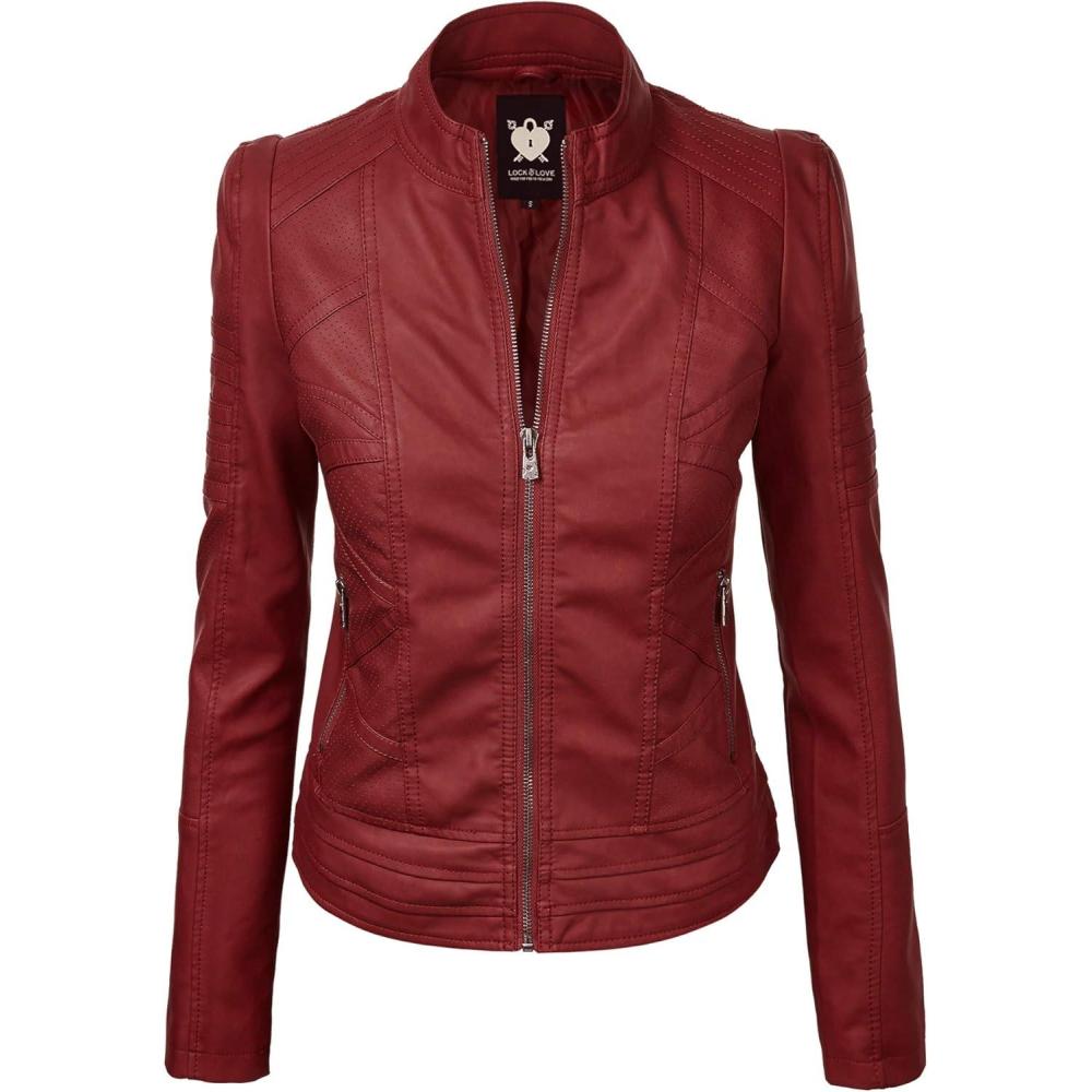 imageLock and Love Womens Faux Leather Moto Biker Jacket Coat with Removable or NonRemovable HoodWjc746ared