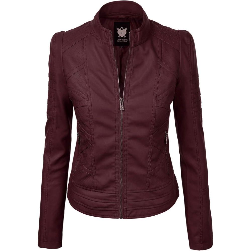 imageLock and Love Womens Faux Leather Moto Biker Jacket Coat with Removable or NonRemovable HoodWjc746awine