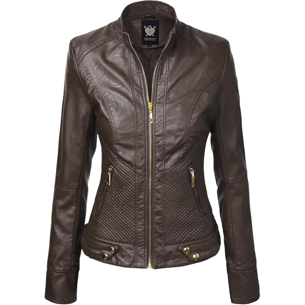 imageLock and Love Womens Faux Leather Moto Biker Jacket Coat with Removable or NonRemovable HoodWjc747acoffee