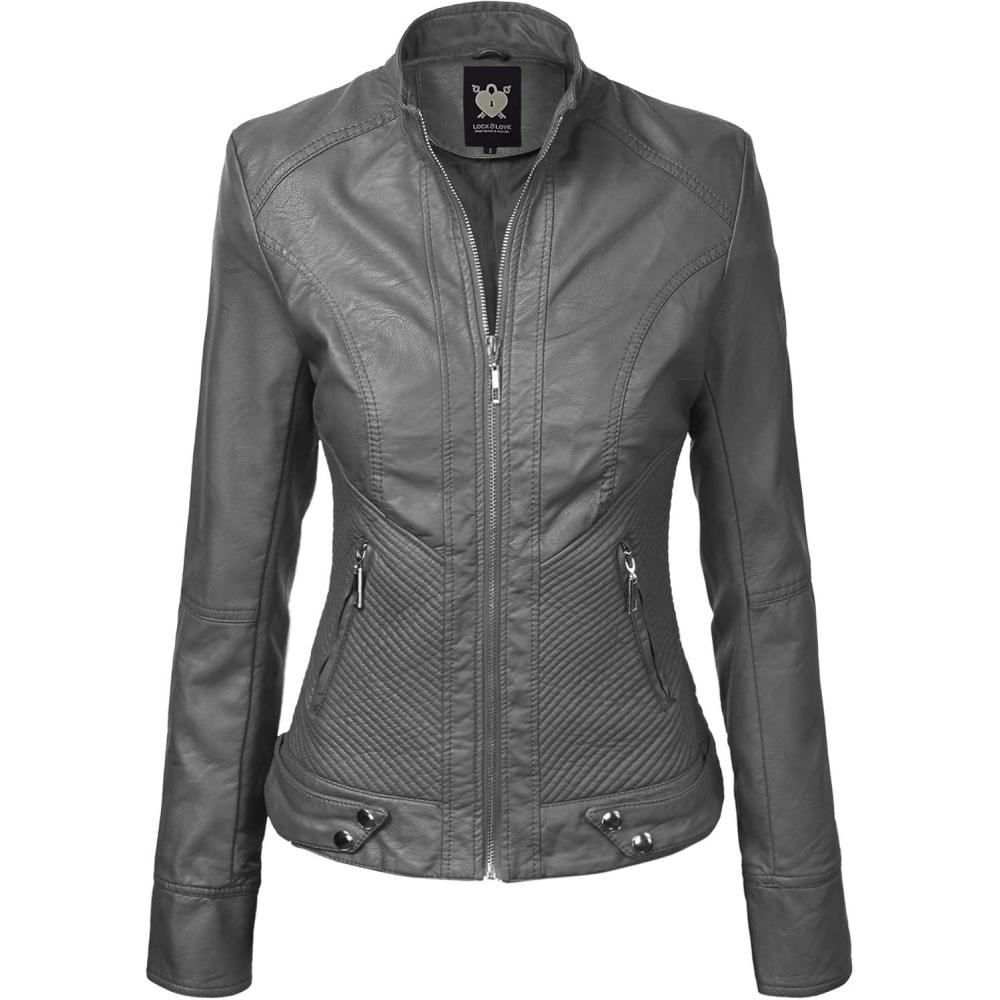 imageLock and Love Womens Faux Leather Moto Biker Jacket Coat with Removable or NonRemovable HoodWjc747agrey
