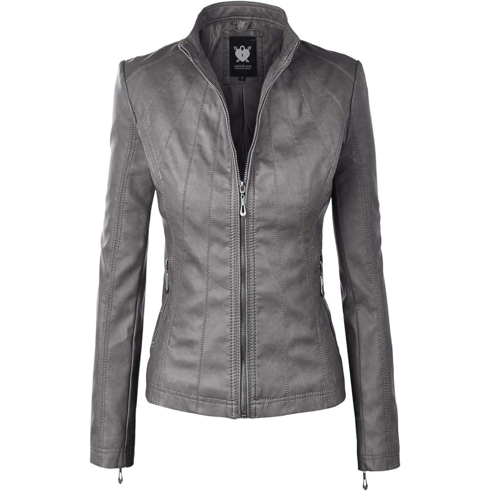 imageLock and Love Womens Faux Leather Moto Biker Jacket Coat with Removable or NonRemovable HoodWjc877lgrey
