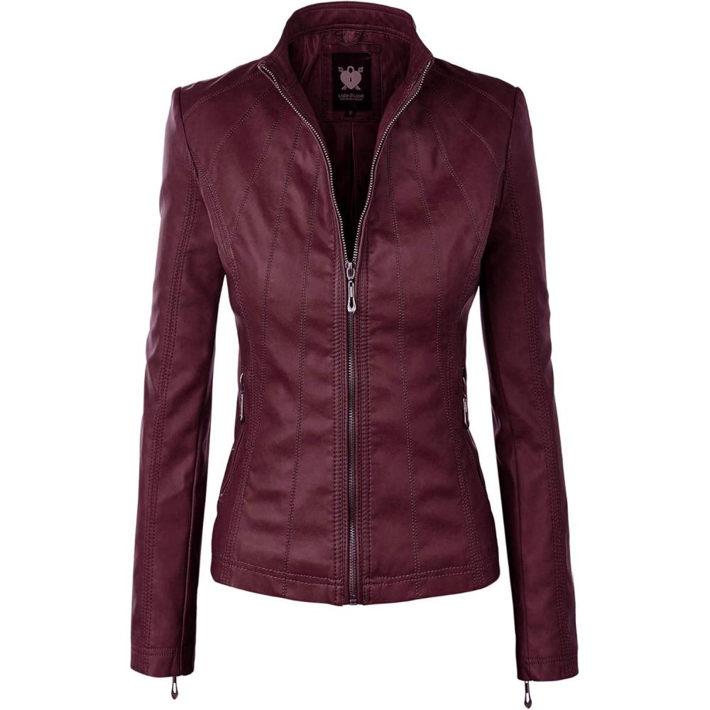 imageLock and Love Womens Faux Leather Moto Biker Jacket Coat with Removable or NonRemovable HoodWjc877lwine