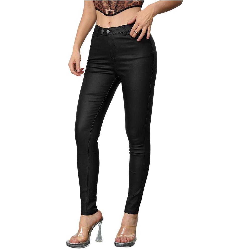 imageMakeMeChic Womens Faux Leather Stretch Skinny Pants High Waisted Double Button Leggings Club Party PantsBlack