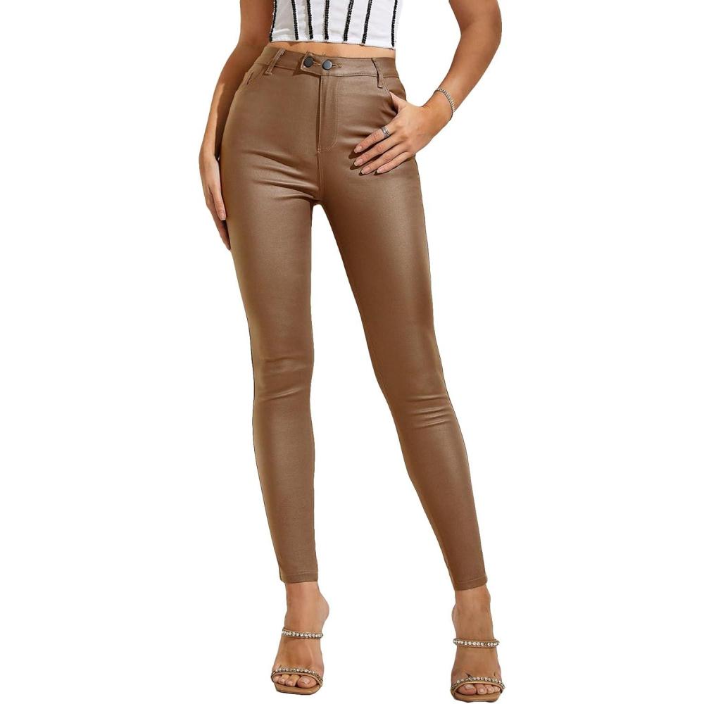 imageMakeMeChic Womens Faux Leather Stretch Skinny Pants High Waisted Double Button Leggings Club Party PantsBrown