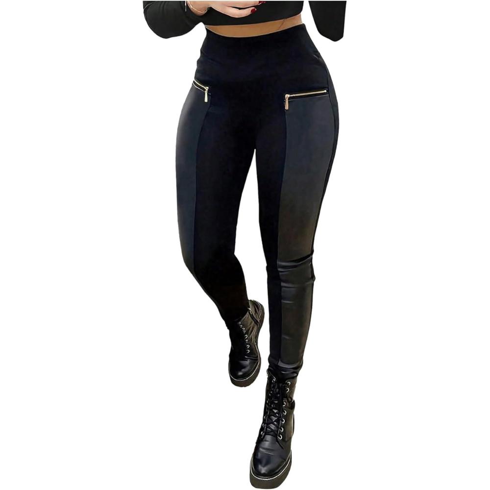 imageMakeMeChic Womens Faux PU Leather Leggings Elastic High Waisted Y2K Skinny PantsBlack
