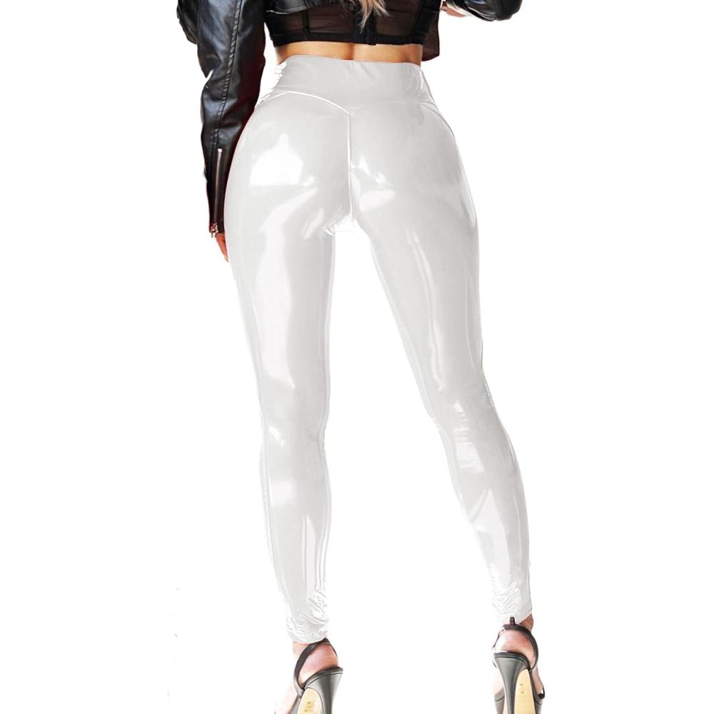 imagePatent Faux Leather Leggings for Women High Waisted Butt Lifting Lacquer Pleather Latex Shiny Pants Concert OutfitsAngel White