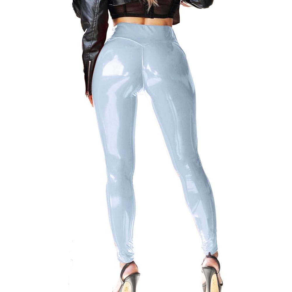 imagePatent Faux Leather Leggings for Women High Waisted Butt Lifting Lacquer Pleather Latex Shiny Pants Concert OutfitsBallad Blue