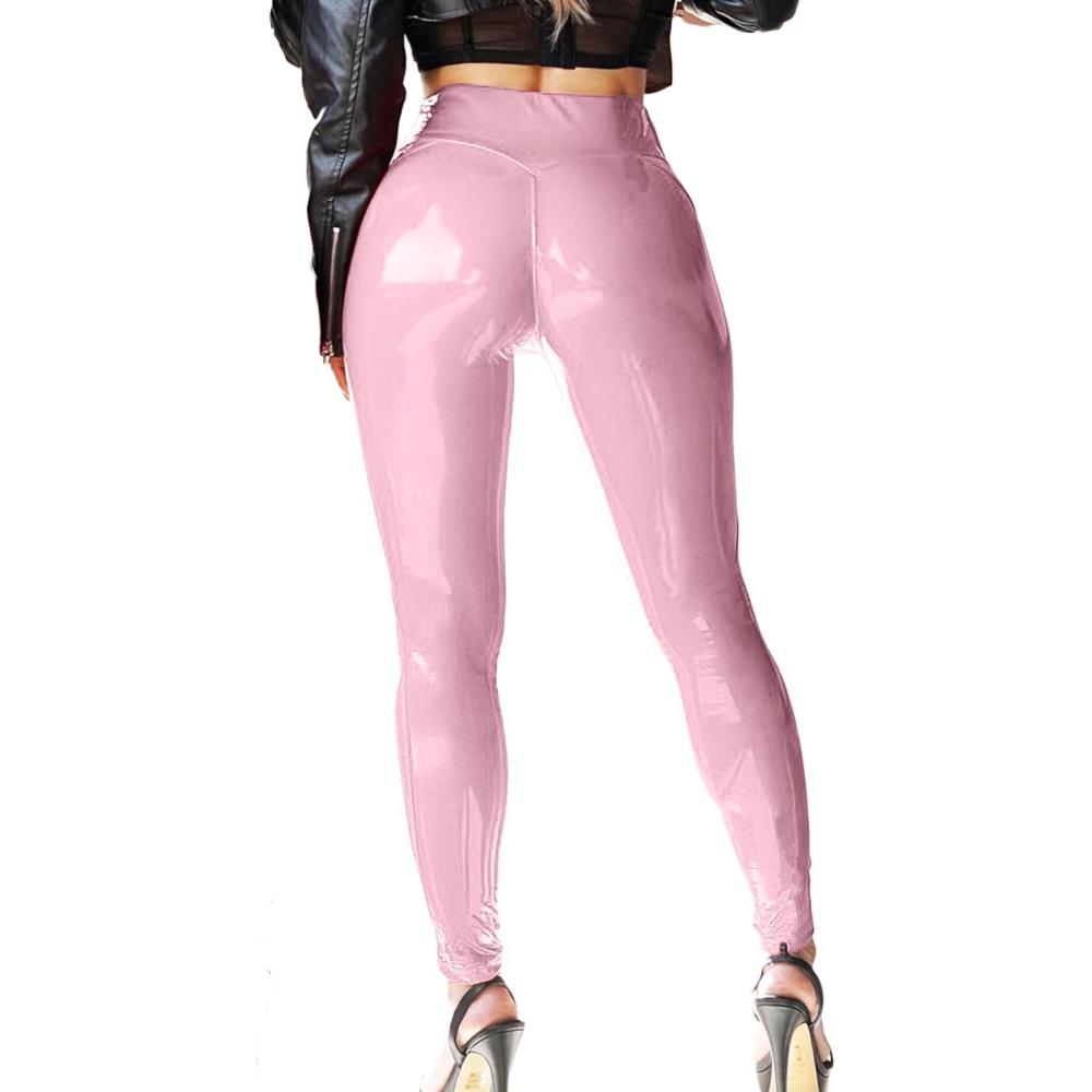 imagePatent Faux Leather Leggings for Women High Waisted Butt Lifting Lacquer Pleather Latex Shiny Pants Concert OutfitsCrystal Pink