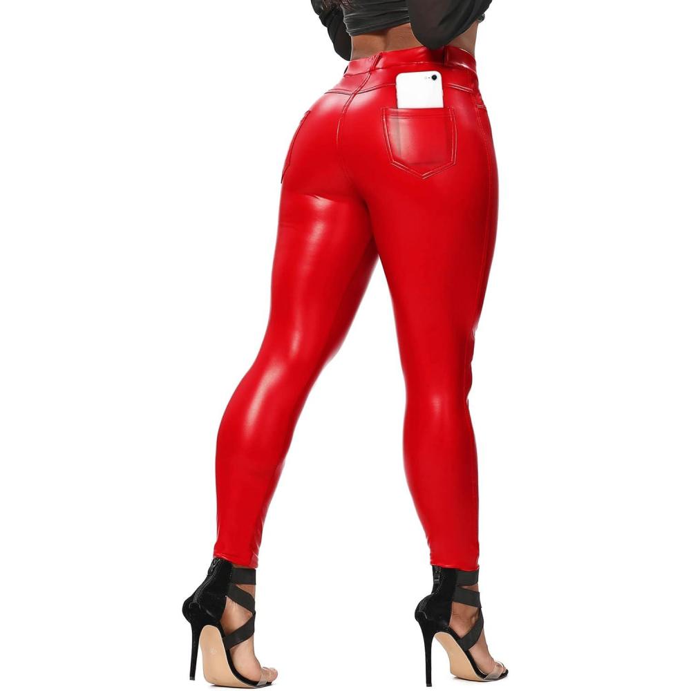 imageSEASUM Womens Faux Leather Leggings Pants PU Elastic Shaping Hip Push Up Black Sexy Stretchy High Waisted Tights1 Ybackpocket Red