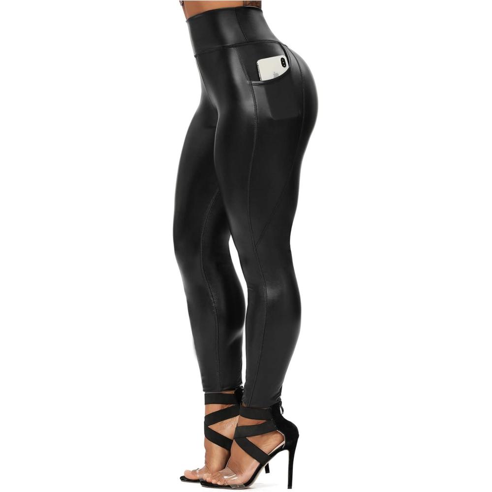 imageSEASUM Womens Faux Leather Leggings Pants PU Elastic Shaping Hip Push Up Black Sexy Stretchy High Waisted Tights2 Side Pocket Black