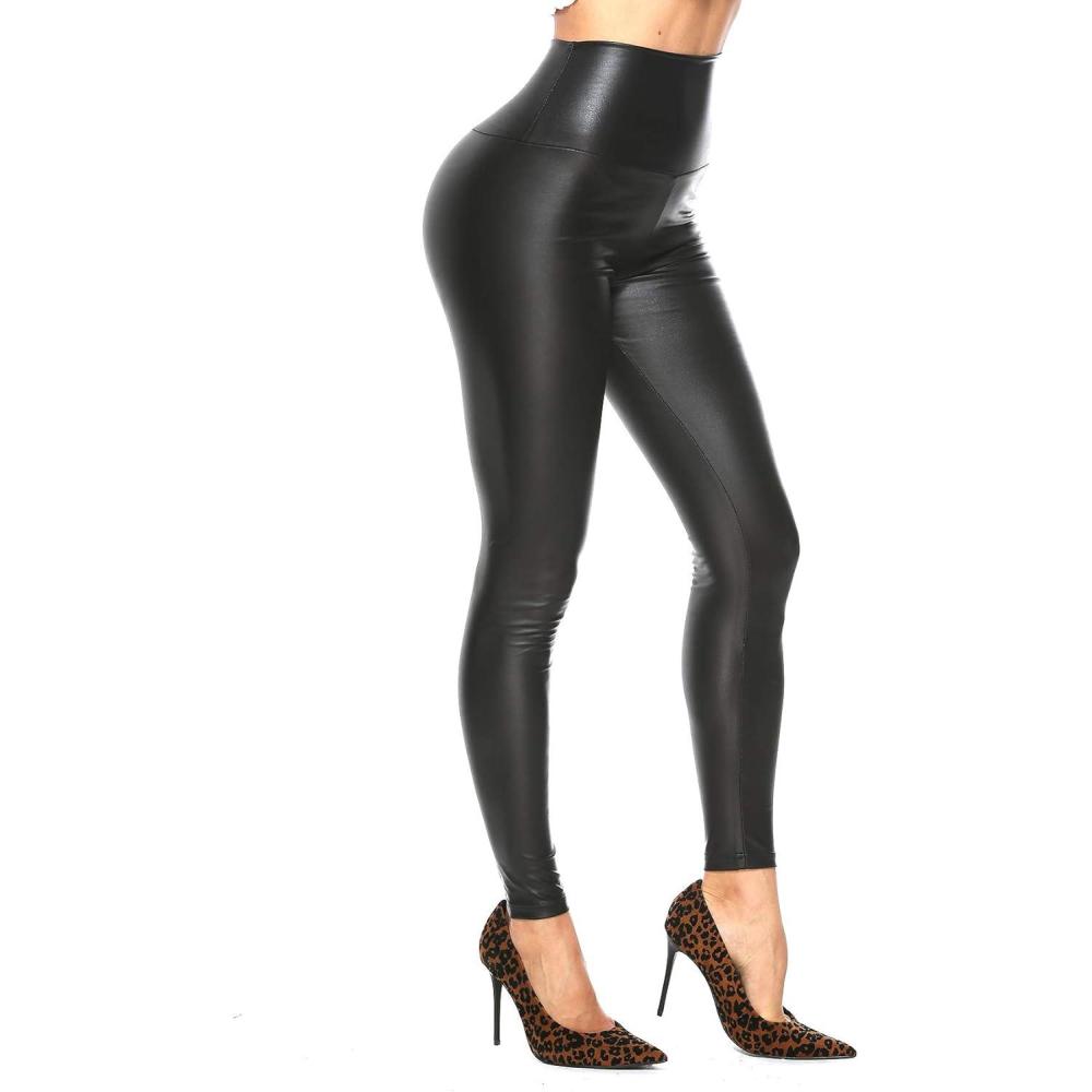 imageSEASUM Womens Faux Leather Leggings Pants PU Elastic Shaping Hip Push Up Black Sexy Stretchy High Waisted Tights3 Classic Black