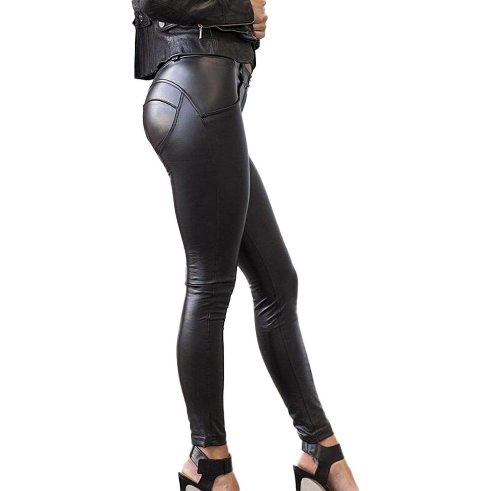 imageSEASUM Womens Faux Leather Leggings Pants PU Elastic Shaping Hip Push Up Black Sexy Stretchy High Waisted TightsBlack