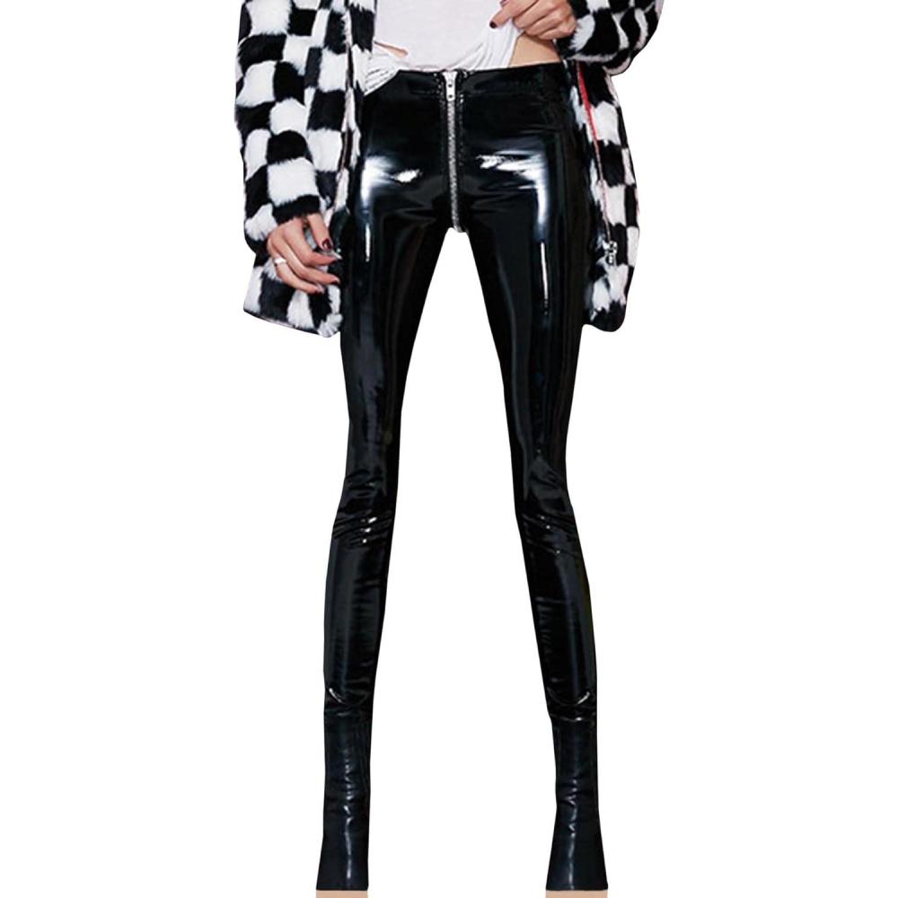 imageSEMATOMALA Womens Latex Zipper Crotch Leggings Sexy PVC Faux Leather Shiny Wet Look Black Red Tight Lingerie PantsBlack