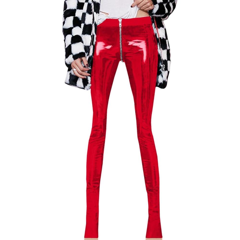 imageSEMATOMALA Womens Latex Zipper Crotch Leggings Sexy PVC Faux Leather Shiny Wet Look Black Red Tight Lingerie PantsRed