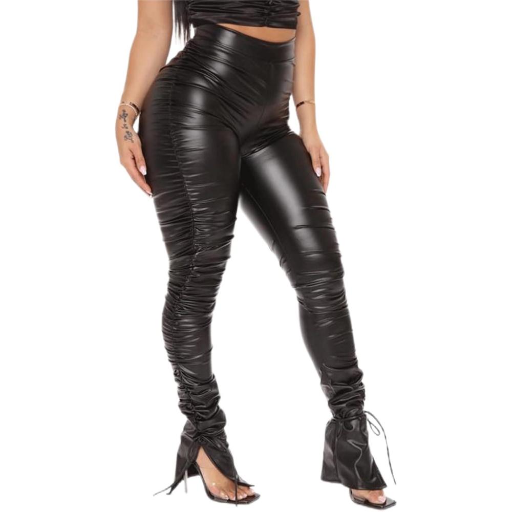 imageSexy Women Faux Leather Leggings High Waisted Pleated Leather Tights Splits Hem Stacked PantsPleated Black