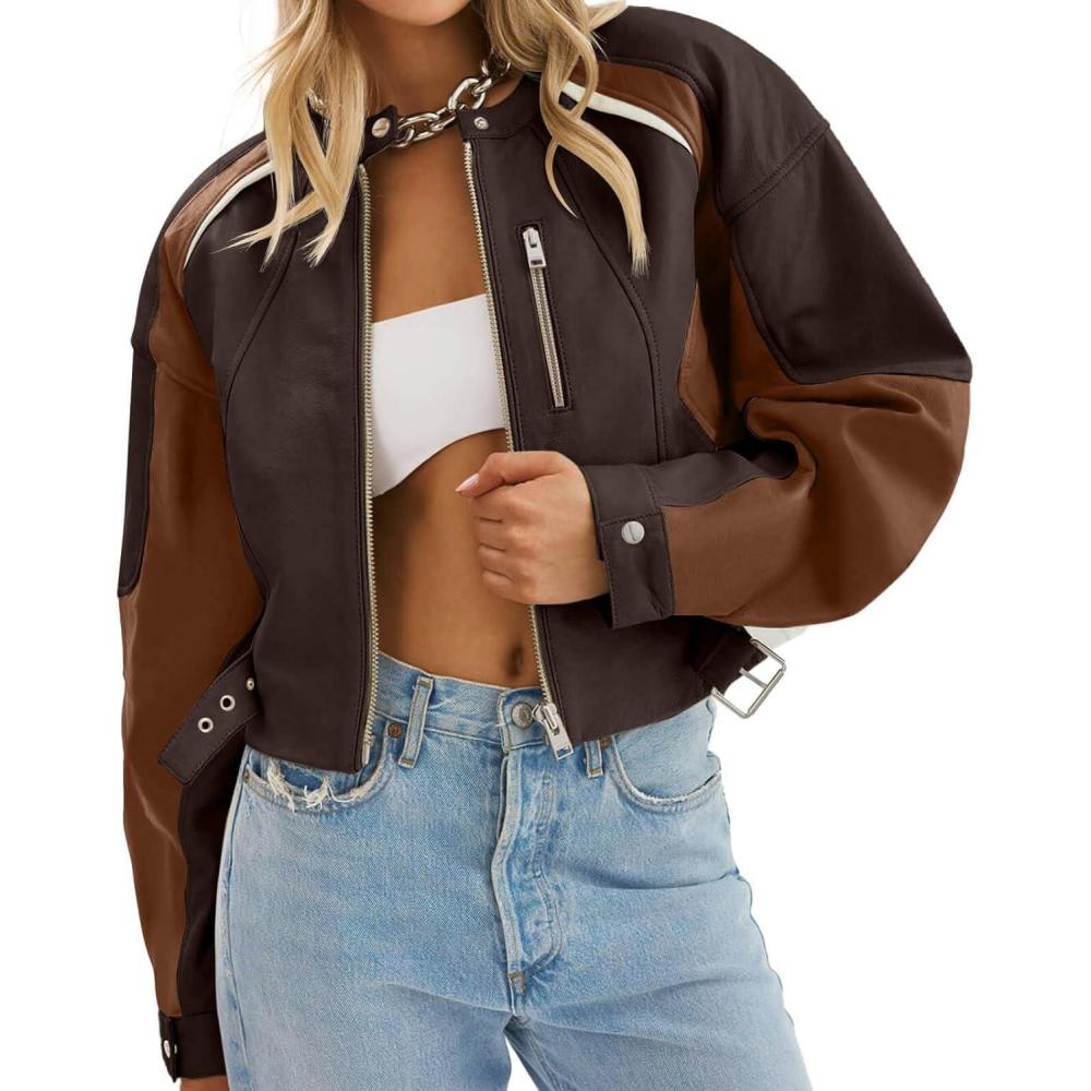 imageTankaneo Womens Faux Leather Bomber Jackets Cropped Zip Up Color Block Fall Casual Moto Biker CoatsBrown