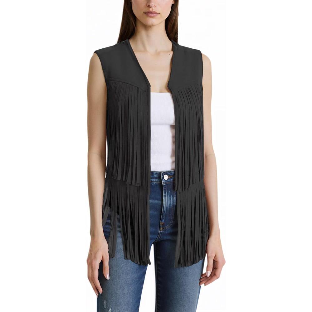 imageTassels Fringe Top for Women 60s 70s Hippie Tassels Vest Western Faux Suede Leather Jacket Cowgirl Costume PartyBlack