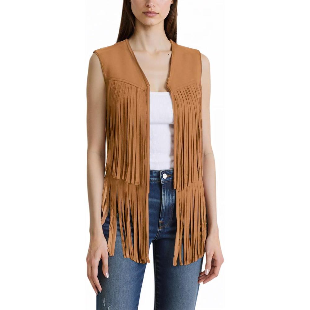 imageTassels Fringe Top for Women 60s 70s Hippie Tassels Vest Western Faux Suede Leather Jacket Cowgirl Costume PartyBrown