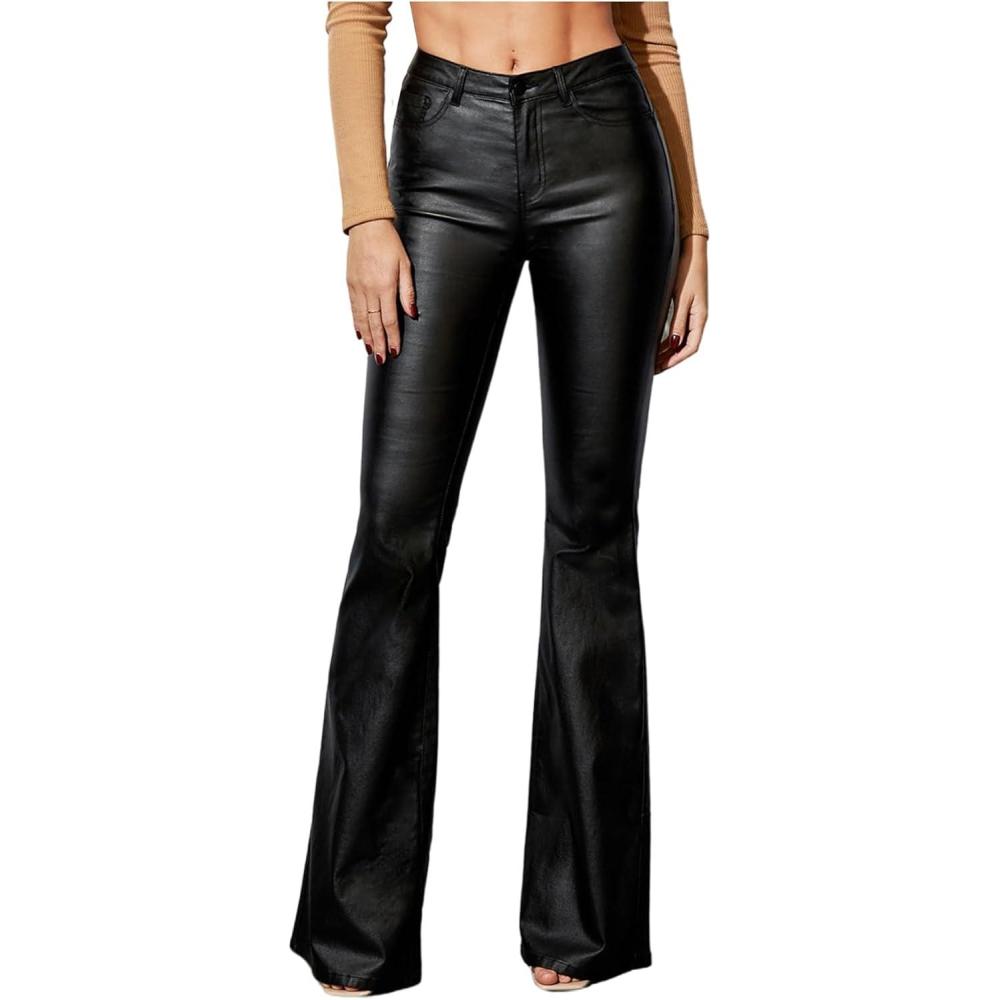 imageWDIRARA Womens Faux Leather Flare Pants Stretchy Skinny Leggings Bootcut PantsBlack