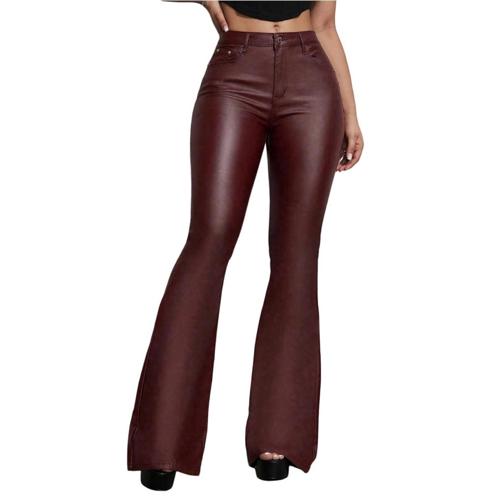 imageWDIRARA Womens Faux Leather Flare Pants Stretchy Skinny Leggings Bootcut PantsBurgundy