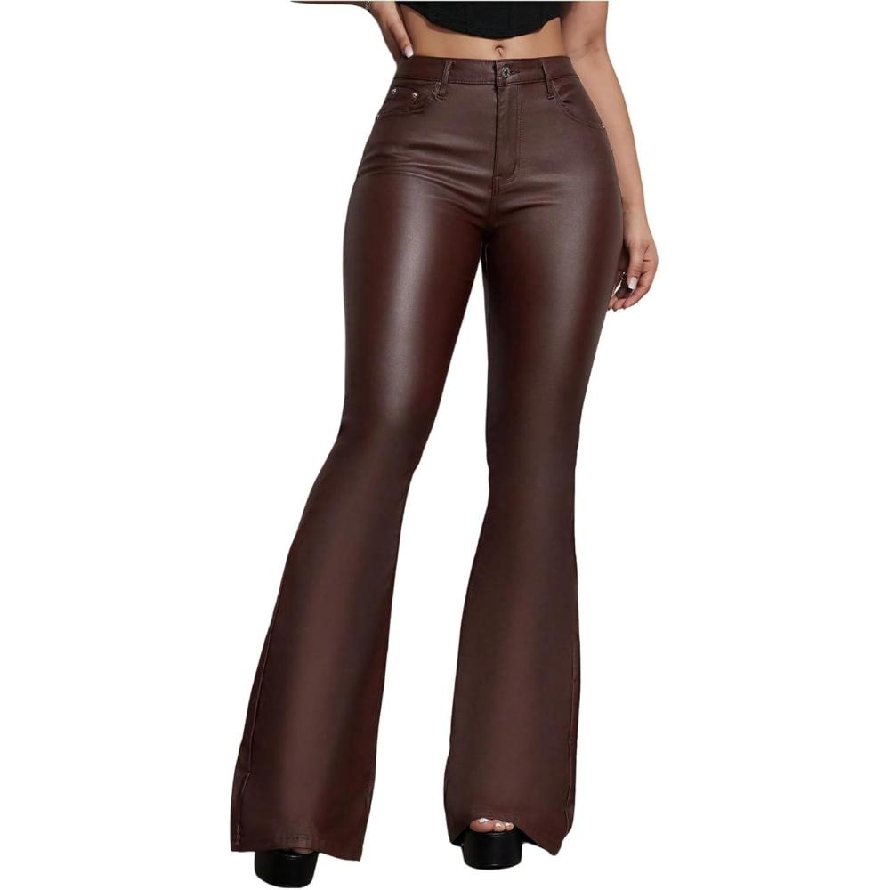 imageWDIRARA Womens Faux Leather Flare Pants Stretchy Skinny Leggings Bootcut PantsChocolate Brown