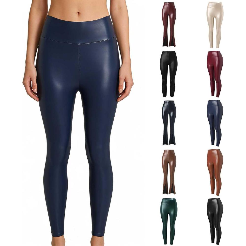 imageWomen High Waisted Faux Leather Leggings Butt Lifting Stretchy PU Pants Sexy Tights for Casual Hip HopBlue