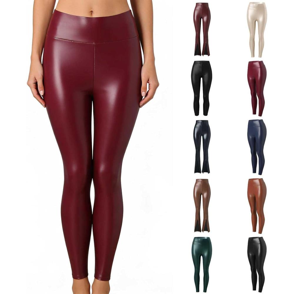 imageWomen High Waisted Faux Leather Leggings Butt Lifting Stretchy PU Pants Sexy Tights for Casual Hip HopRed
