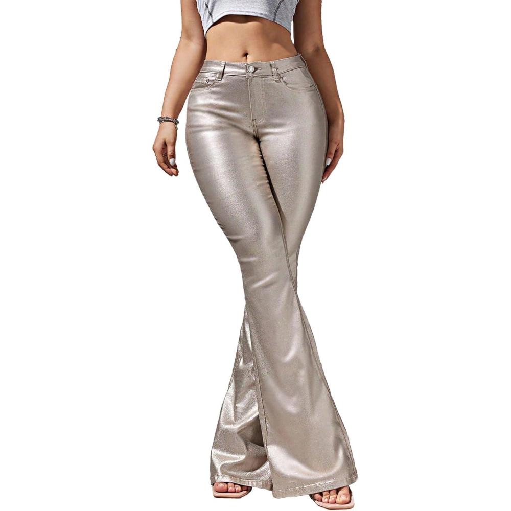 imageWomens Faux Leather Coated Flare Pants Mid Waist PU Skinny Black Leggings Bell Bottom Pants with PocketsChampagne