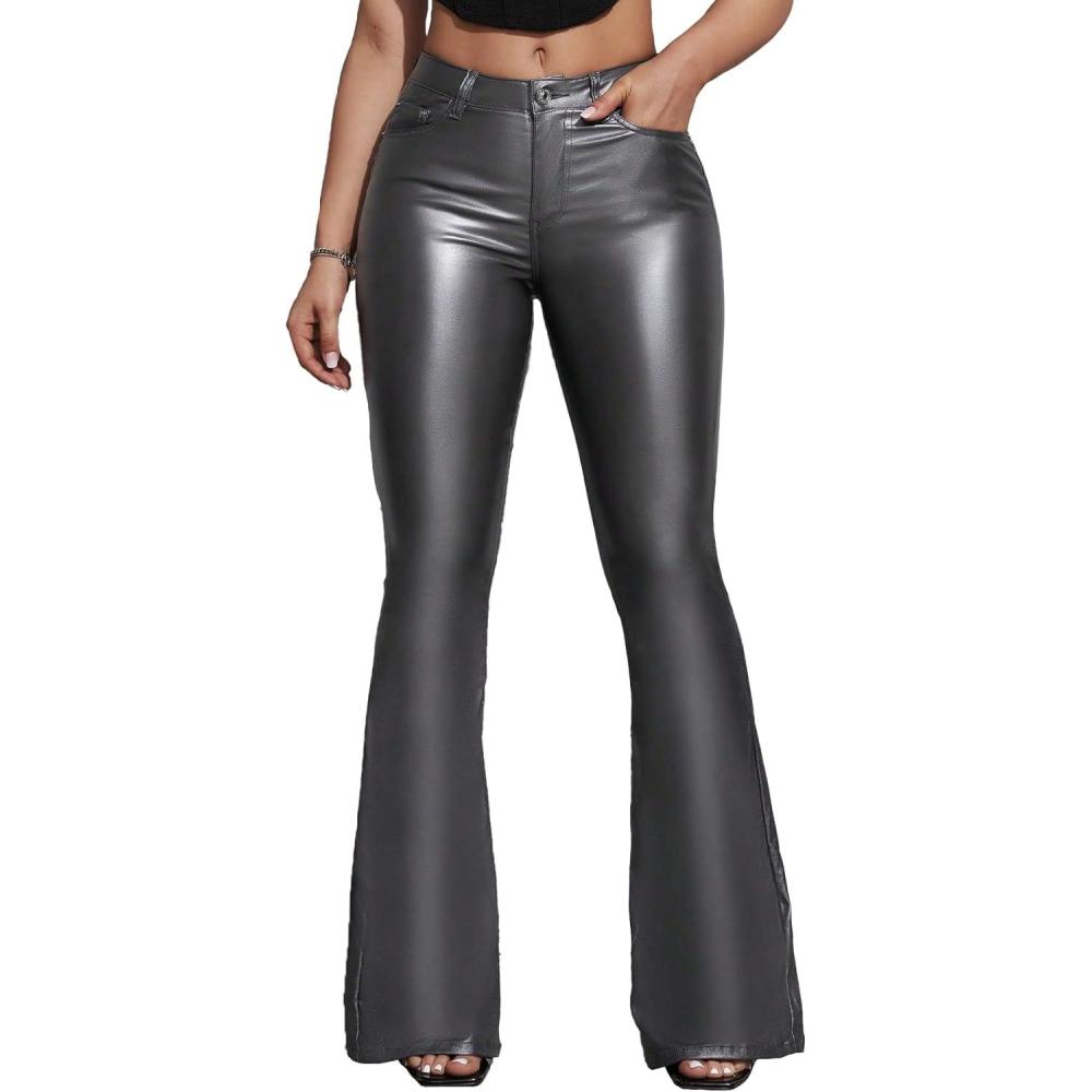 imageWomens Faux Leather Coated Flare Pants Mid Waist PU Skinny Black Leggings Bell Bottom Pants with PocketsSilver