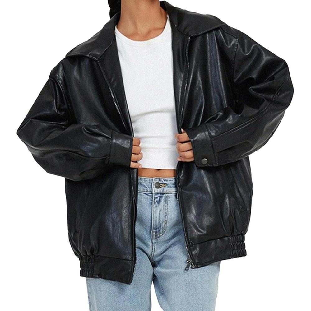 imageWomens Faux Leather Jackets Oversized Motorcycle Jacket Bomber Coats Fashion Outfits Spring Fall ClothesBlack