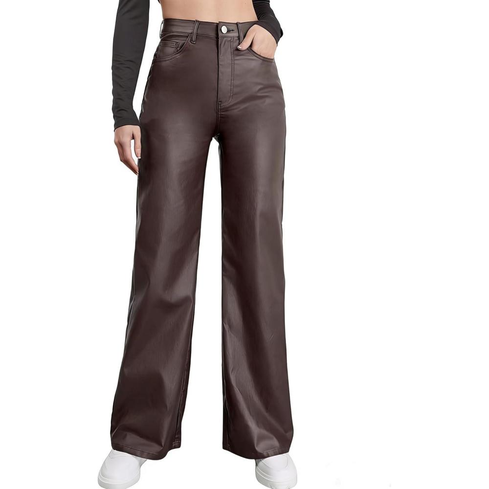 imageWomens Faux Leather Pants Coated High Waist PU Straight Leg Trousers Black Leggings with PocketsChocolate